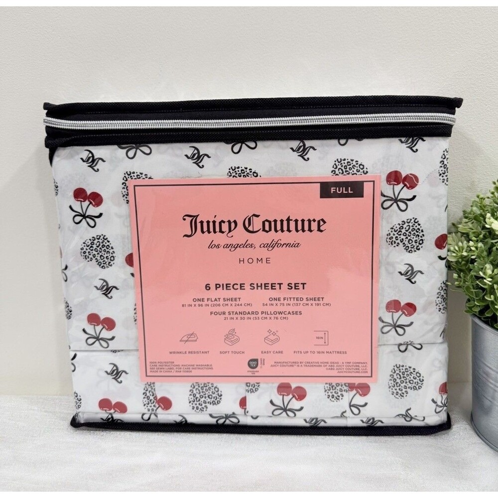 Juicy Couture Home Full 6 Piece Sheet Set Cherry Leopard Logo White Pink
